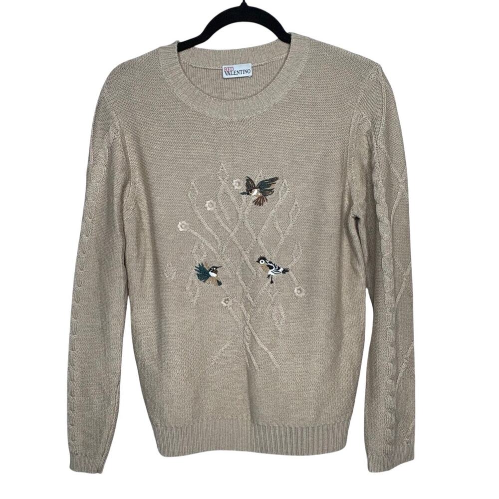 Valentino Tan Red Collection Grandma Core Luxury Bird Knit Cotton Sweater Medium